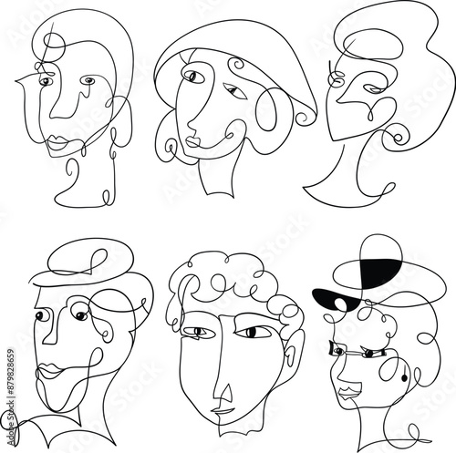 Line art surreal abstract human faces illustration.