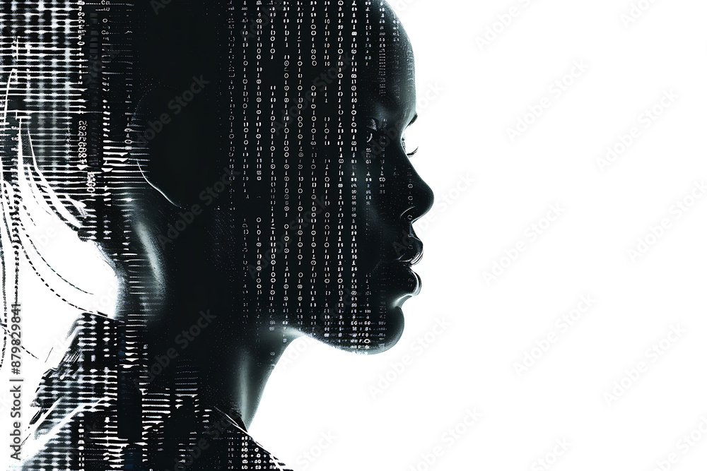 Isolated silhouette of a woman's portrait made from binary code on a white background in a wireframe plexus style, showcasing a blend of technology and art. Isolated silhouette of a woman's portrait made from binary code on a white background in a wireframe plexus style, showcasing a blend of technology and art.