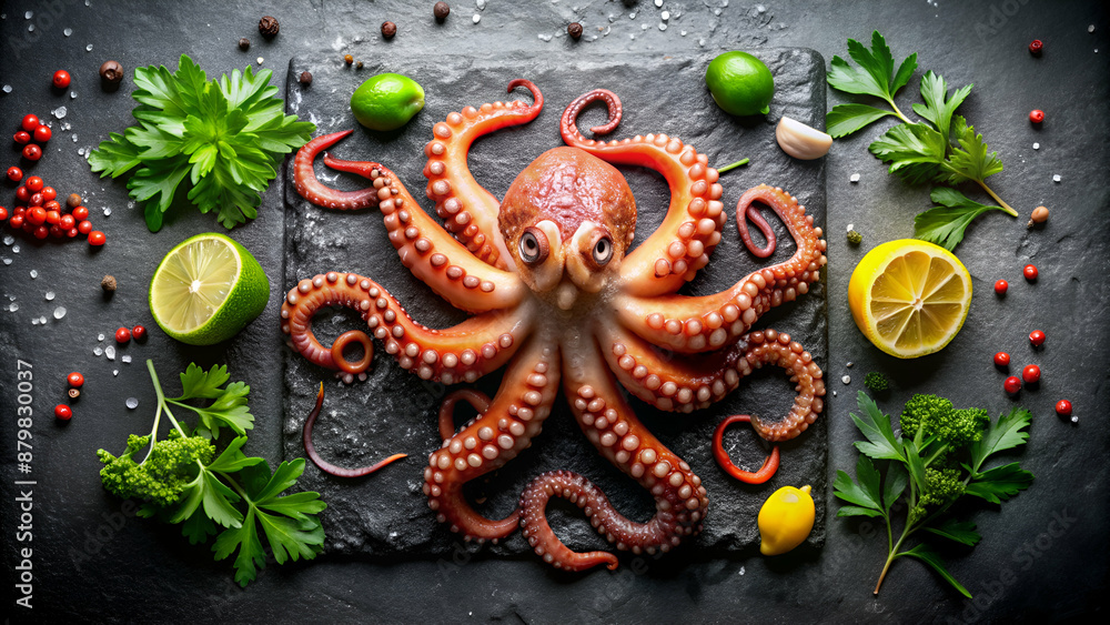 Fototapeta premium Fresh octopus on black stone background