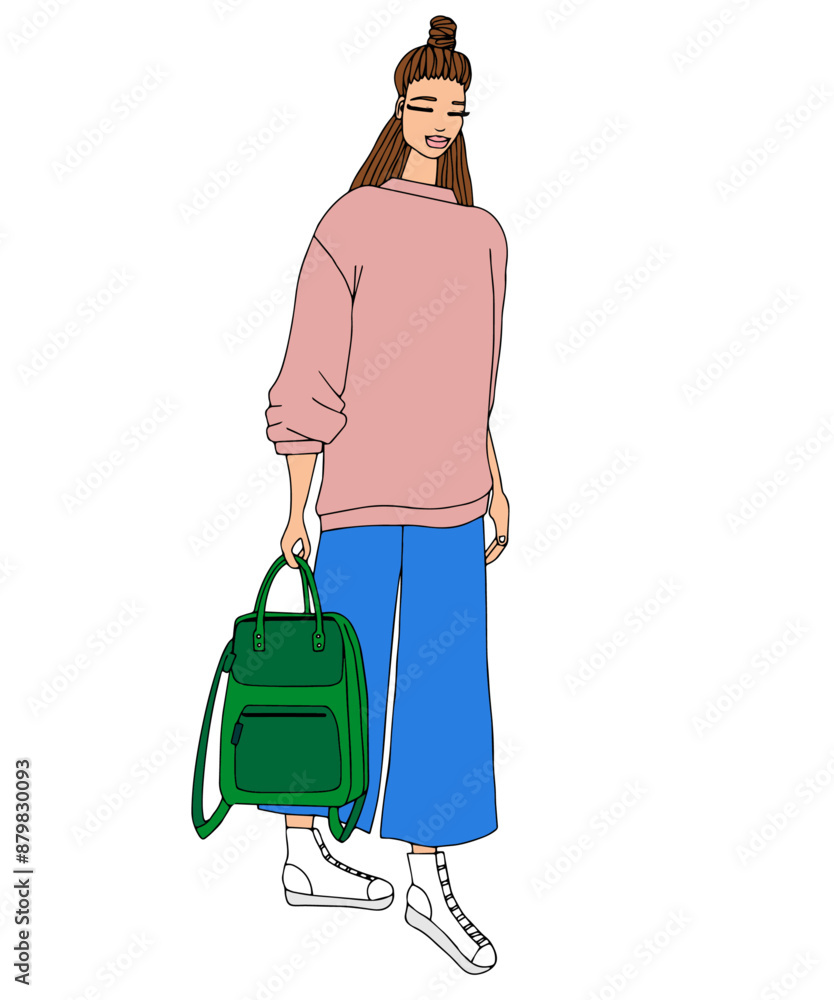 jeune femme étudiante sac à dos rentrée tendance style moderne cheveux longs vecteur