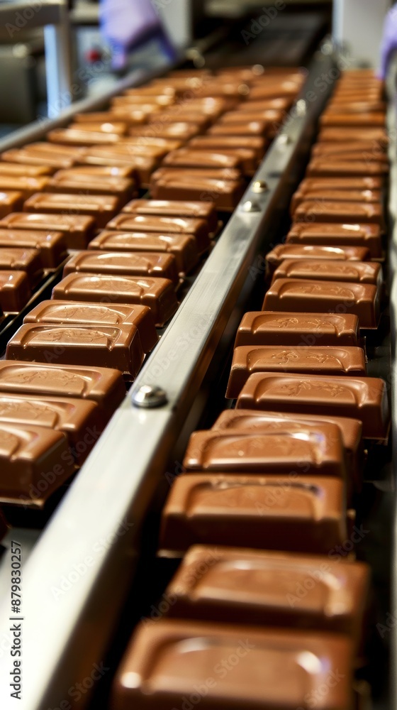 Rows of chocolate bars on a conveyor belt, depicting the automated process of chocolate production. Rows of chocolate bars on a conveyor belt, depicting the automated process of chocolate production.