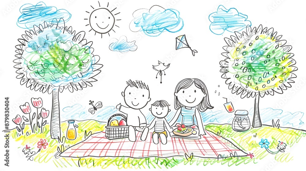 Fototapeta premium Draw a family having picnic in the park, doodle style