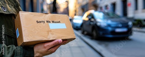 Person holding a delivery box with a sorry we missed message.