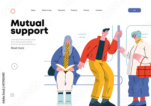 Mutual Support Giving up seat in public transport -modern flat vector concept illustration of man offering his seat to elderly woman on bus A metaphor of voluntary, collaborative exchanges of services