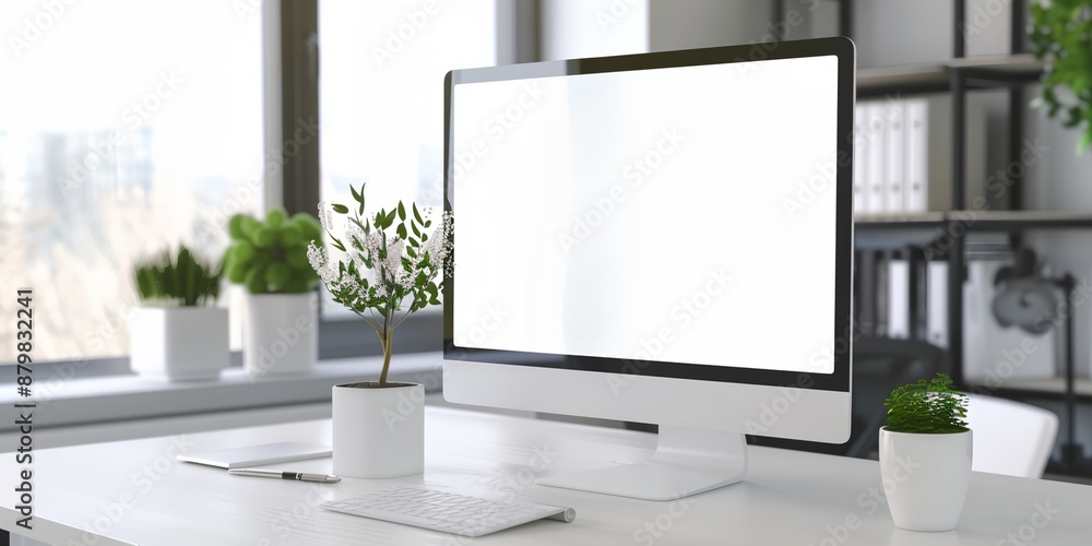 A computer monitor sits on a desk with a potted plant in front of it. The plant is a small tree with white flowers, and it is placed in a white pot. The desk is also equipped with a keyboard A computer monitor sits on a desk with a potted plant in front of it. The plant is a small tree with white flowers, and it is placed in a white pot. The desk is also equipped with a keyboard