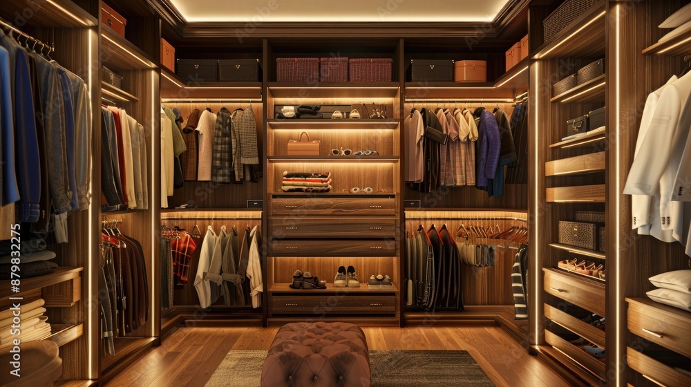 A glamorous walk-in closet with custom shelving, elegant lighting, and an organized display of luxury clothing and accessories. A glamorous walk-in closet with custom shelving, elegant lighting, and an organized display of luxury clothing and accessories.