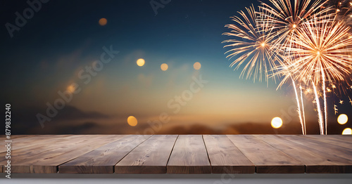 A rustic wooden table with a backdrop of vibrant fireworks bursting over a twilight sky, perfect for festive banners, party invitations, or holiday promotions. photo