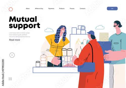 Mutual Support: Bringing groceries to food bank -modern flat vector concept illustration of people donating food to food pantry A metaphor of voluntary, collaborative exchanges of resource, services