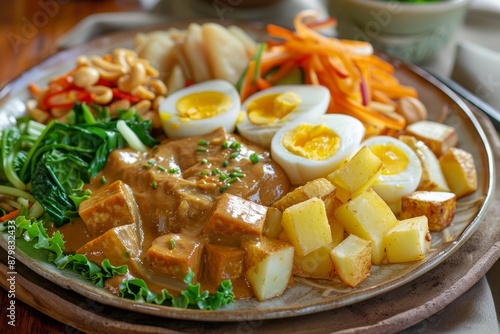 Jakarta s Gado gado plate with assorted veggies eggs tofu and peanut cashew sauce photo