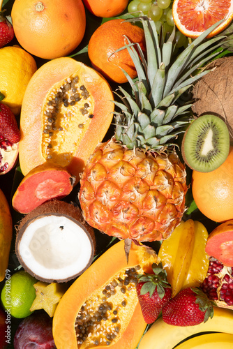 Summer mix of tropical fruits over green leaf photo