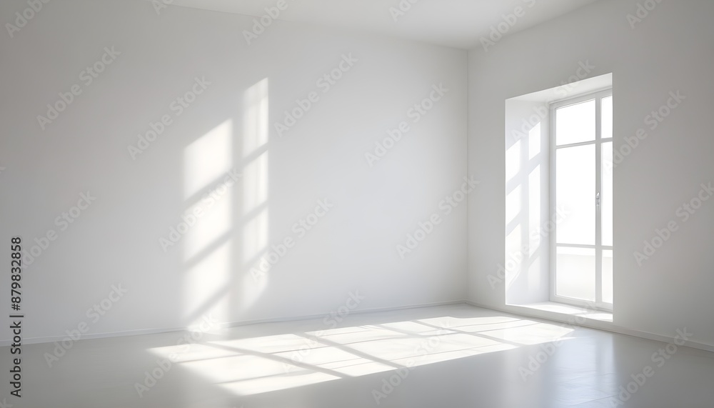 Fototapeta premium A White empty room with shadows of a window, empty wall background