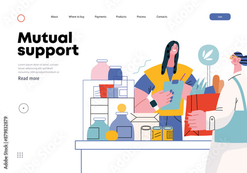 Mutual Support: Bringing groceries to food bank -modern flat vector concept illustration of people donating food to food pantry A metaphor of voluntary, collaborative exchanges of resource, services