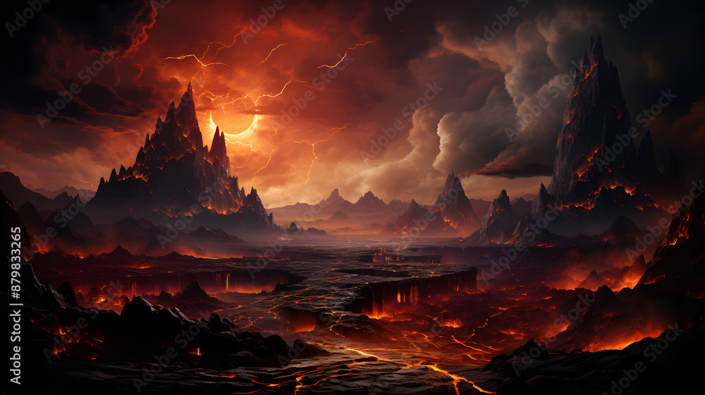 A fiery hellscape of molten lava, volcanic peaks, and a raging inferno illuminates the sky with an eerie, red glow. Lightning streaks across the sky. A fiery hellscape of molten lava, volcanic peaks, and a raging inferno illuminates the sky with an eerie, red glow. Lightning streaks across the sky.