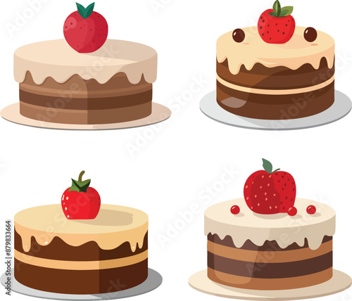 a collection of cakes with strawberry illustration isolated - Generative AI