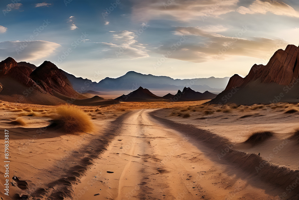 Fototapeta premium A vast expanse of golden sand stretches towards majestic mountains, their peaks piercing the clear blue sky. A lone dirt road cuts through the dunes, inviting exploration of this epic desert landscape