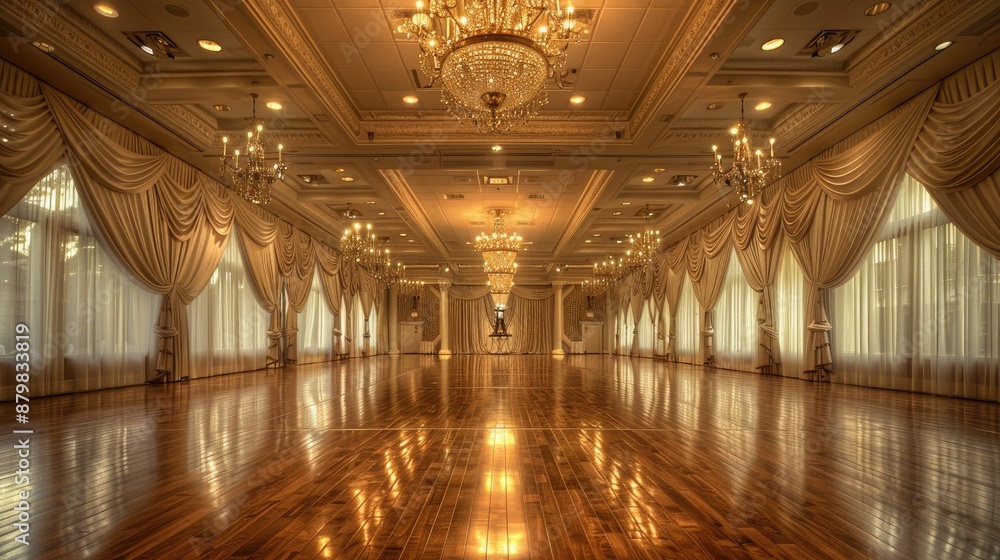 Fototapeta premium A grand ballroom with soaring ceilings and glittering chandeliers. Elegant drapery and polished hardwood floors set the stage for glamorous events and memorable celebrations.