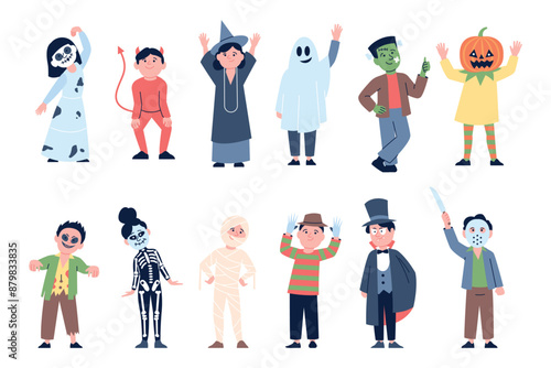 Halloween party characters. Children wearing crazy spooky costumes. Festival characters, vampire witch skeleton ghost devil, recent vector characters