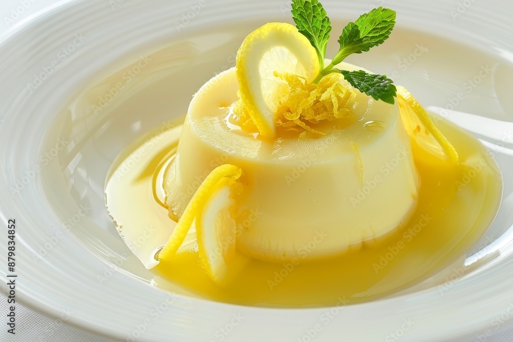 Lemon custard with lemon curd and lemon coulis on white Lemon custard with lemon curd and lemon coulis on white