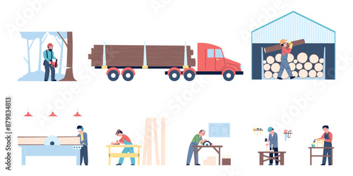 Woodwork process. Making wood furniture step by step. Lumberjack carpenter joiner craftsman working. Wooden industry and fabric, recent vector scenes