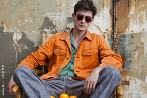 A young man in a vibrant orange jacket sits confidently, his cool sunglasses reflecting the summer sun. His jeans and relaxed pose radiate effortless style