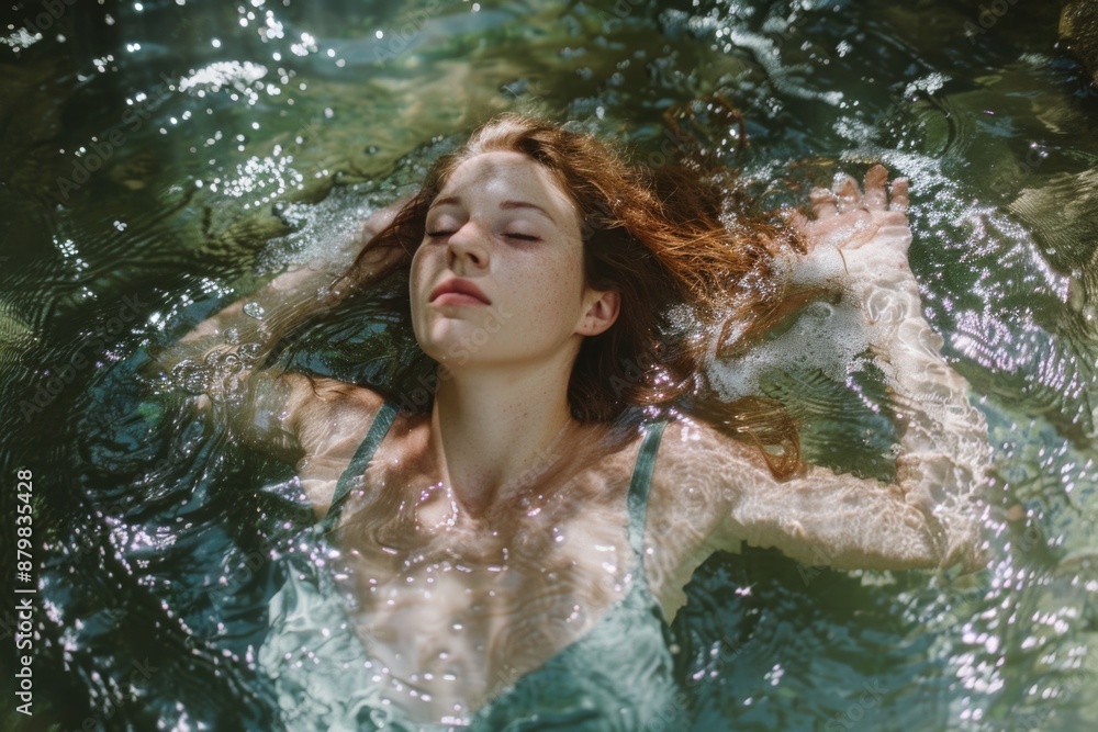 Obraz premium A woman floats on her back in a clear, sunlit creek, her face relaxed and eyes closed. Her long, red hair fans out around her, and the water reflects the sunlight in shimmering patterns