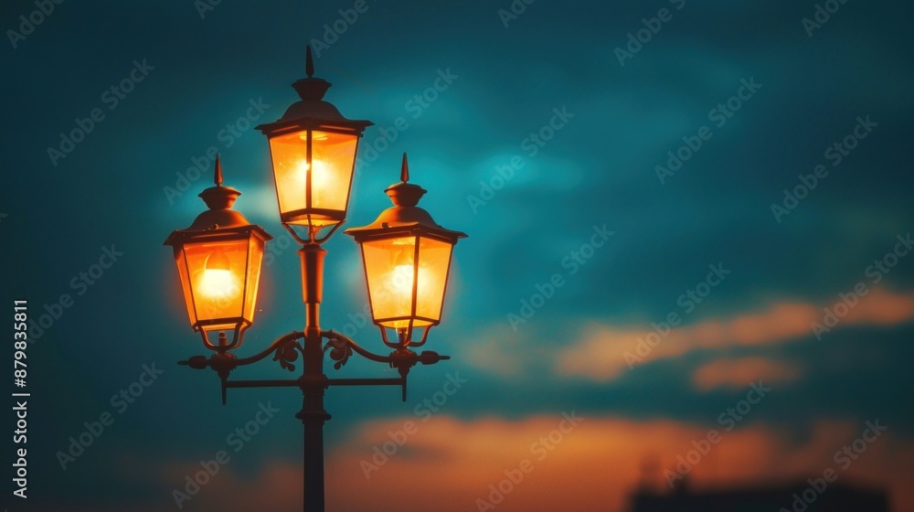 A street lamp with three lights is lit up in the evening. Generate AI image A street lamp with three lights is lit up in the evening. Generate AI image
