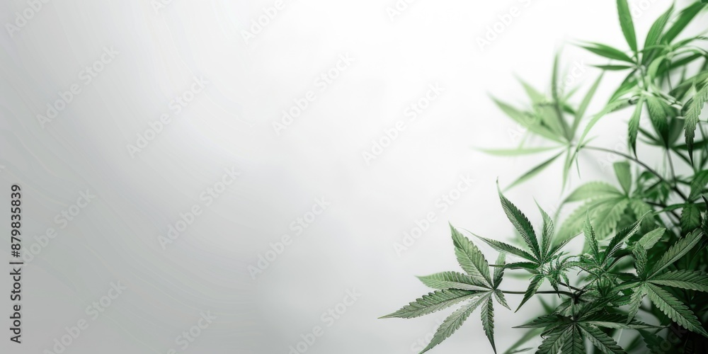 Cannabis leaves on a white backdrop, the leaves are vibrant green and the image is minimalist and simple Cannabis leaves on a white backdrop, the leaves are vibrant green and the image is minimalist and simple