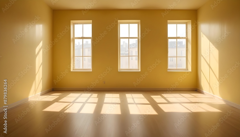 Obraz premium A yellow empty room with shadows of a window, empty wall background