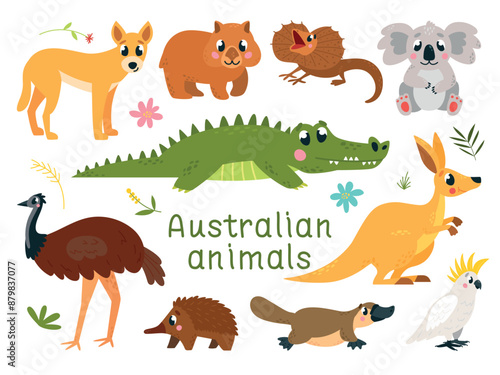 Cartoon australian animals. Wild exotic animal, childish mascots. Funny mammals, koala kangaroo wombat dingo dog. Classy vector characters