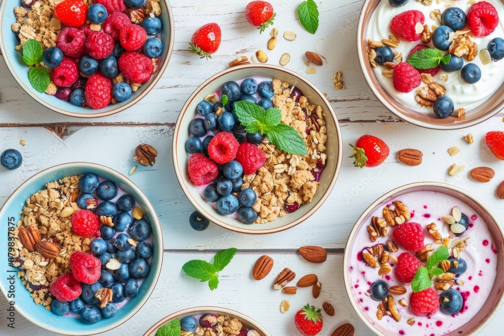 Nutritious berry crumble with assorted nuts yogurt and mint on white wooden table