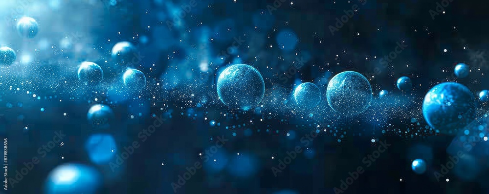 Abstract background of blue spheres and bokeh lights with glowing particles Abstract background of blue spheres and bokeh lights with glowing particles
