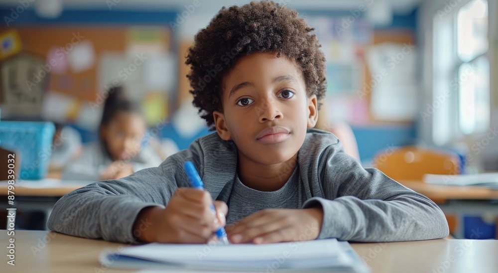 Middle school boy writing in notebook while smiling in classroom Middle school boy writing in notebook while smiling in classroom