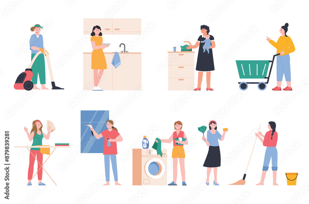 Women cleaning home. Housewives doing housework, washing clean windows cooking and ironing clothes. Householding process splendid vector set Women cleaning home. Housewives doing housework, washing clean windows cooking and ironing clothes. Householding process splendid vector set