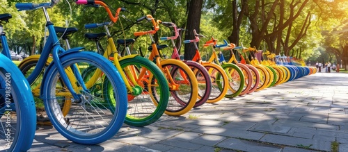 Colorful Bikes Lined Up in a Park