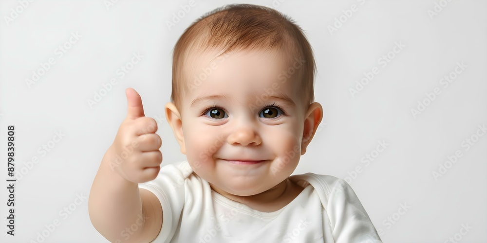 Happy baby with hazel eyes giving a thumbs up on white background. Concept Outdoor Photoshoot, Colorful Props, Joyful Portraits, Playful Poses, White Background Happy baby with hazel eyes giving a thumbs up on white background. Concept Outdoor Photoshoot, Colorful Props, Joyful Portraits, Playful Poses, White Background