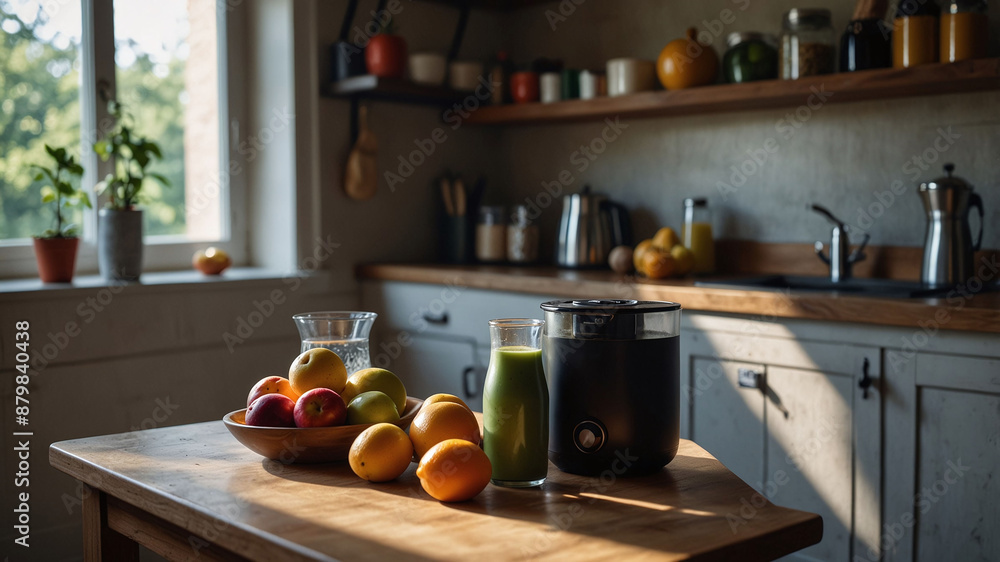 Cozy Kitchen with Fresh Fruits, Green Juice, and Modern Blender on Wooden Table Cozy Kitchen with Fresh Fruits, Green Juice, and Modern Blender on Wooden Table