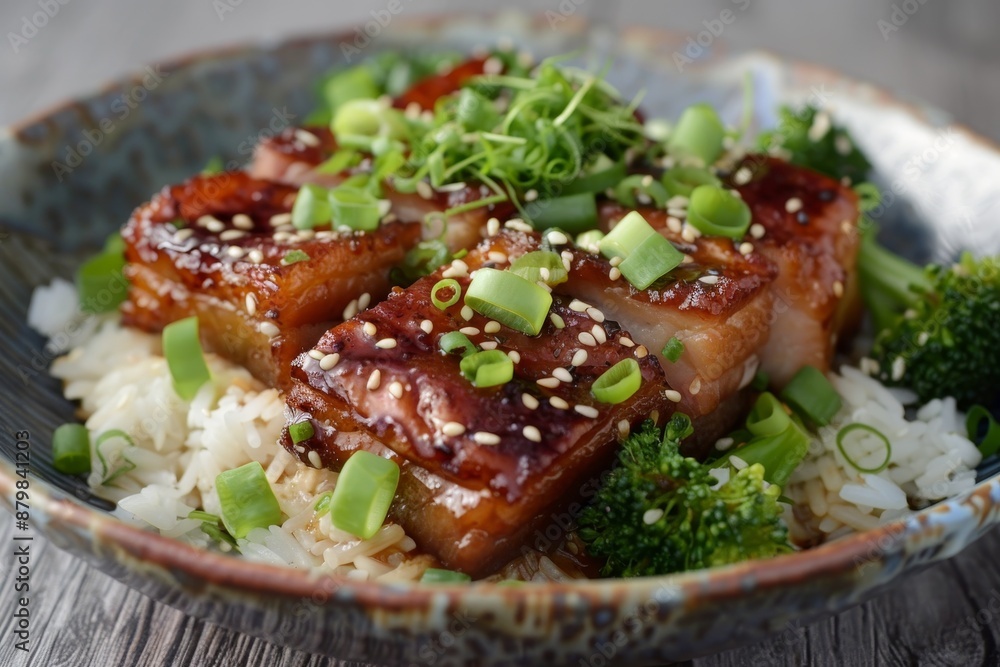 Pork belly with teriyaki sauce broccoli onion and rice Pork belly with teriyaki sauce broccoli onion and rice