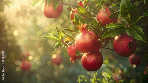 pomegranates on a tree exposed to sunlight