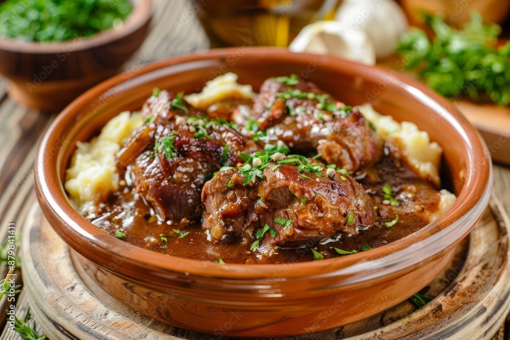 Pork cheeks in demi glace with mashed potatoes Spanish dish Pork cheeks in demi glace with mashed potatoes Spanish dish