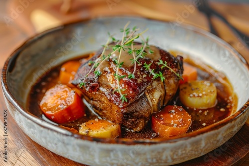 Pork cheeks with vegetables in sauce on table photo