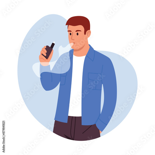 Vector illustration of a young guy smoking an electronic cigarette. Cartoon scene of a guy who takes a puff and releases steam from his mouth, wearing a white t-shirt, blue shirt, and dark pants.