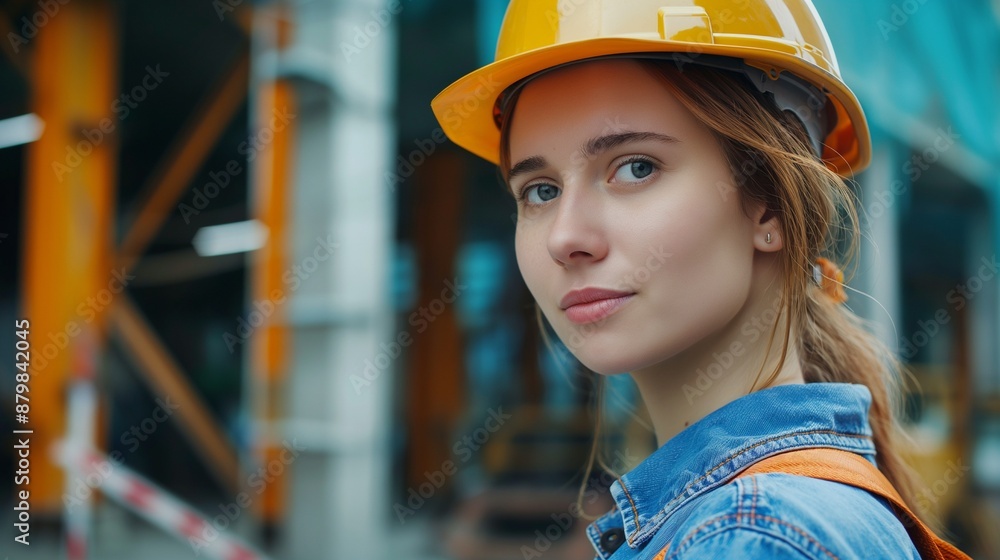 Female builder in a helmet with tools at work, photo of woman constructor for Labor Day