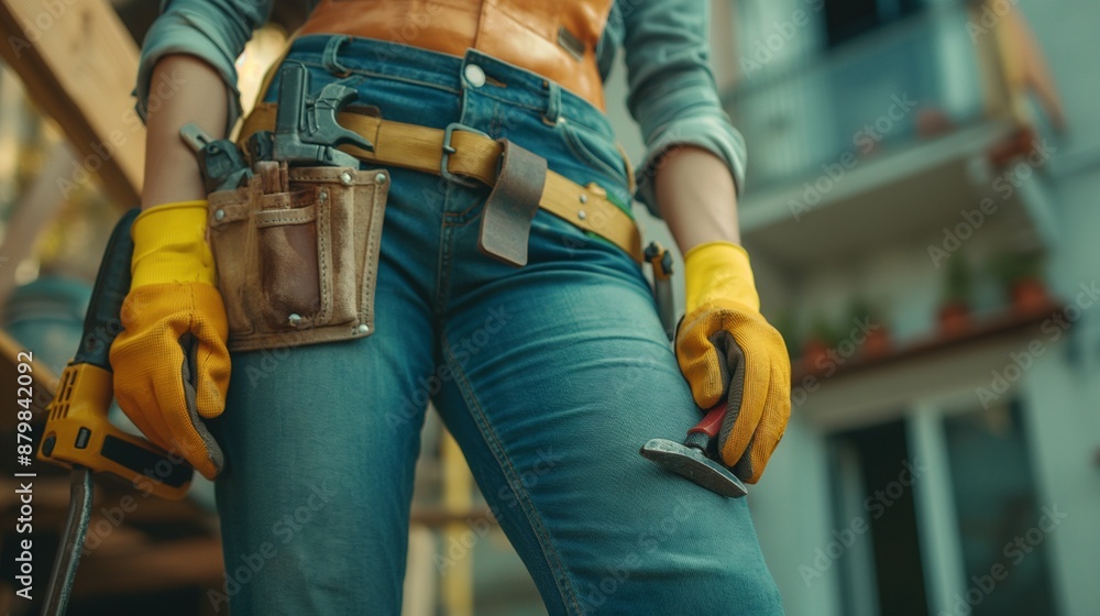 Female builder in a helmet with tools at work, photo of woman constructor for Labor Day Female builder in a helmet with tools at work, photo of woman constructor for Labor Day