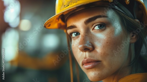 Female builder in a helmet with tools at work, photo of woman constructor for Labor Day