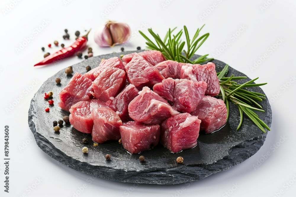 Raw pork pieces on white background for goulash Raw pork pieces on white background for goulash