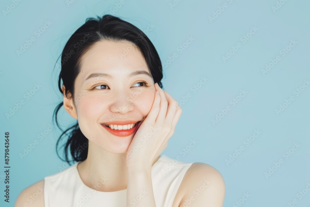 A beautiful Japanese woman Pretty Asian beauty woman curly long hair with Korean makeup glowing face and healthy facial skin portrait smile on isolated beige background. Cosmetology ,Plastic surgery. A beautiful Japanese woman Pretty Asian beauty woman curly long hair with Korean makeup glowing face and healthy facial skin portrait smile on isolated beige background. Cosmetology ,Plastic surgery.