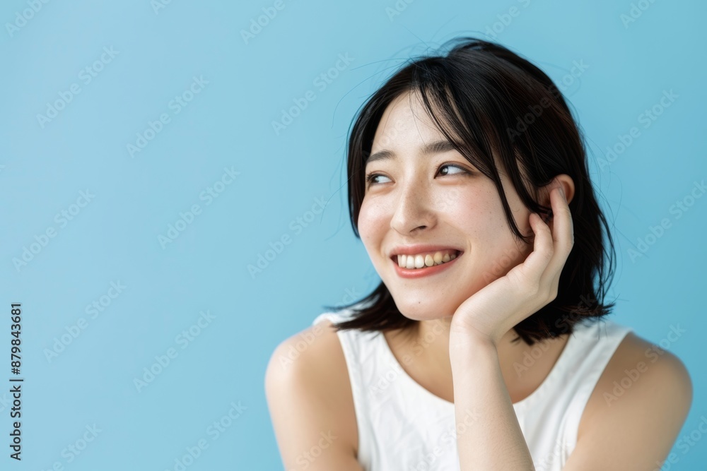 A beautiful Japanese woman Pretty Asian beauty woman curly long hair with Korean makeup glowing face and healthy facial skin portrait smile on isolated beige background. Cosmetology ,Plastic surgery. A beautiful Japanese woman Pretty Asian beauty woman curly long hair with Korean makeup glowing face and healthy facial skin portrait smile on isolated beige background. Cosmetology ,Plastic surgery.