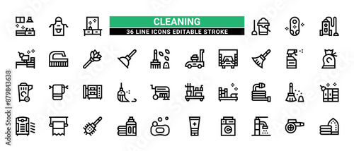36 Cleaning Line Icons Set Pack Editable Stroke Vector Illustration.