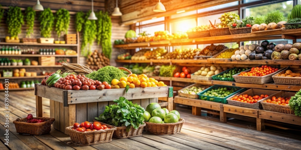Fresh produce market with an array of fruits and vegetables neatly displayed on wooden shelves. The market is illuminated by natural light, creating a vibrant and inviting environment. Fresh produce market with an array of fruits and vegetables neatly displayed on wooden shelves. The market is illuminated by natural light, creating a vibrant and inviting environment.