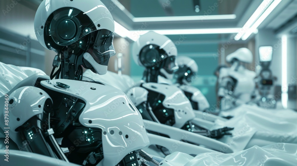 Fototapeta premium A futuristic hospital scene with robotic nurses and doctors providing care
